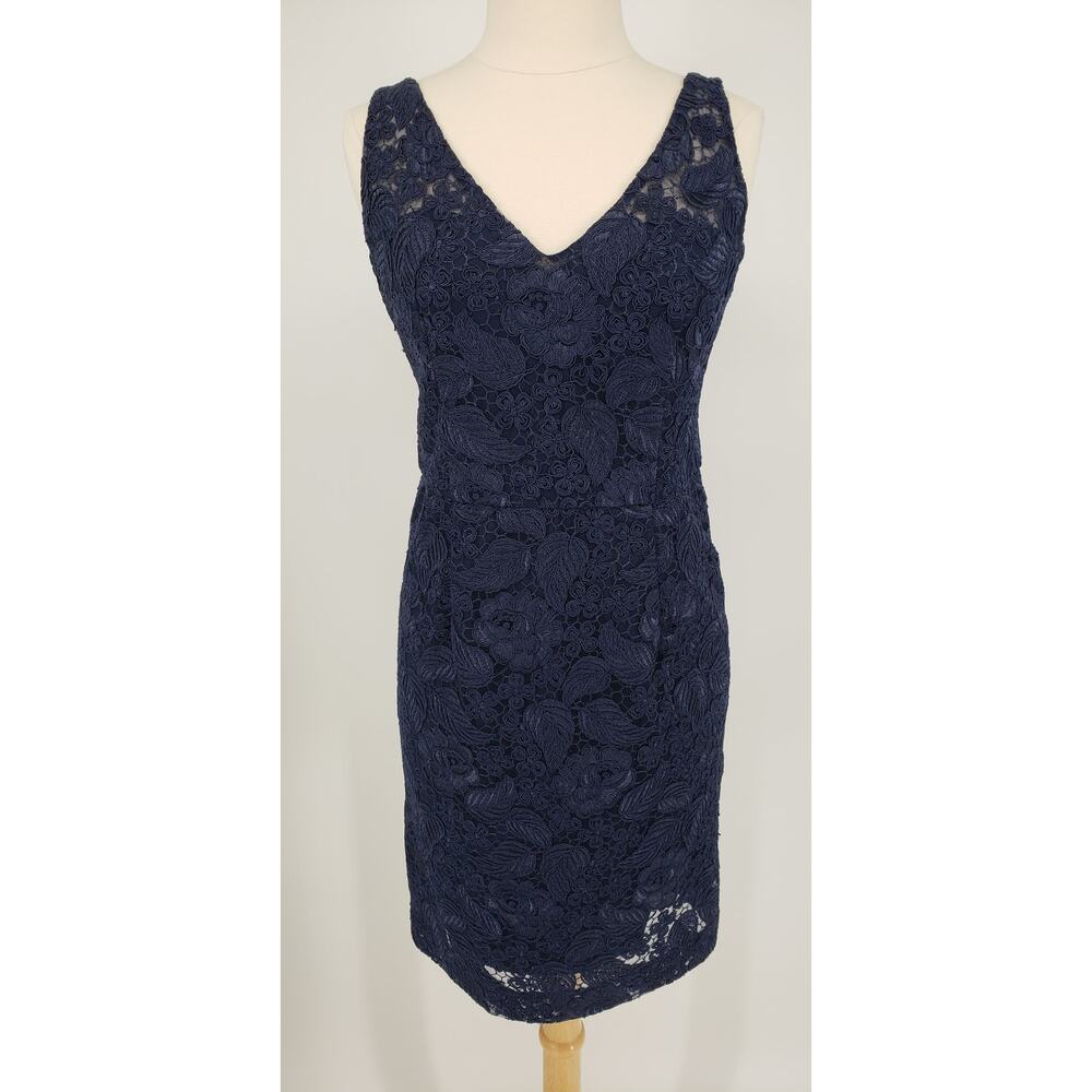 ML Monique Lhuillier Follow Suit Sheath Dress 12 Floral Leaf Lace Cocktail Navy - Picture 4 of 14